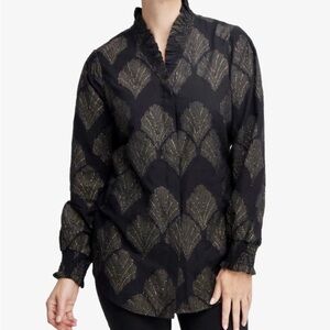 Chico's Jacquard Ruffle Collar Black and Gold Blouse w Smock Cuff's
